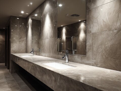 Modern bathroom with marble countertop and sinks features sleek faucets.