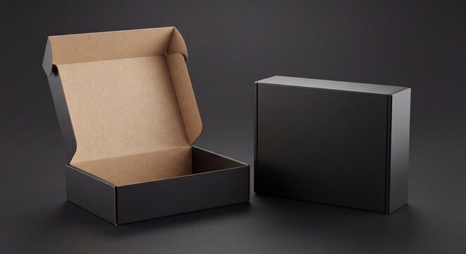 Black cardboard packaging box mockup with one open and one closed box on dark background, luxury product mailer shipping template