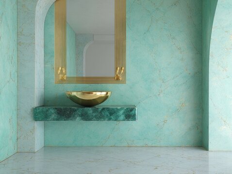 Modern bathroom features elegant gold accents and green marble.