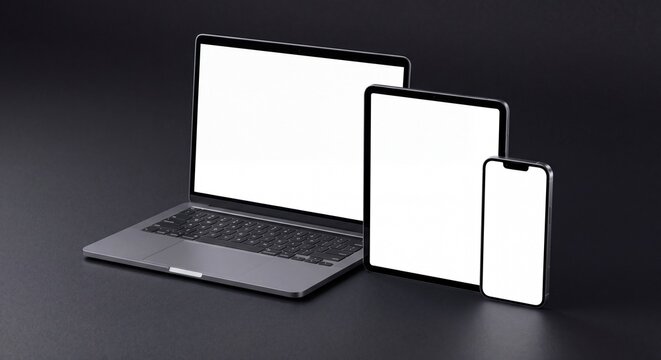 Responsive multi device mockup featuring laptop tablet and smartphone with blank white screens on a dark black background