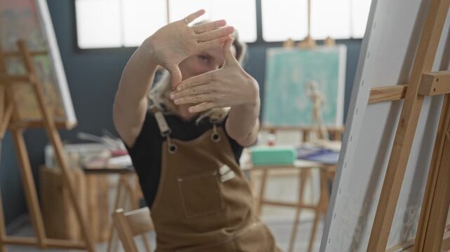 Woman frames composition with hands in art studio, wearing apron near easel and canvas; creative concentration.