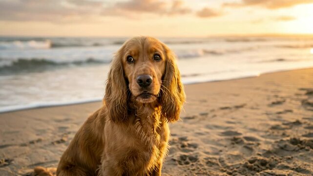 cocker spaniel dog on cannon beach oregon golden light close up video