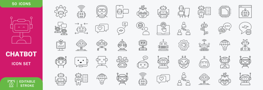 Chatbot icon set. Contain icons related to chatbot, support, virtual assistant, creative ai, communication, and more. editable stroke. Vector illustration