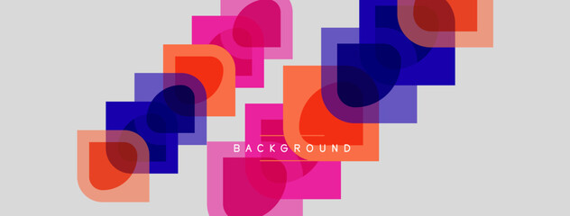 Fototapeta premium Abstract geometric shapes overlap, creating vibrant color layers. Background features pink, orange, purple hues. Modern design element.