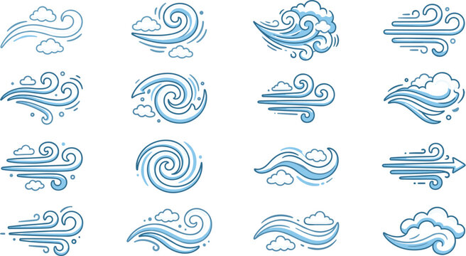 Wind Swirl and Breeze Line Icon Collection Vector Illustration Featuring Air Flow Symbols, Weather Elements and Decorative Motion Shapes