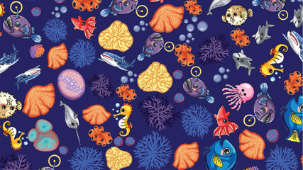 Seamless Cartoon Pattern of Ocean Animals and Coral Reef Life © blueringmedia