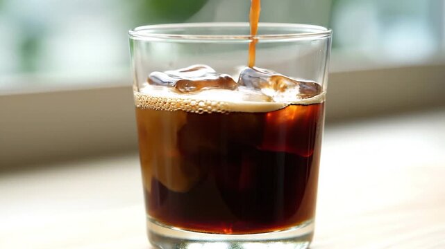 Close-up of hot espresso coffee pouring over ice cubes in a transparent glass. Making refreshing iced coffee beverage