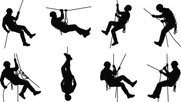 Industrial Rope Access Worker Silhouette Collection with Climbing Rappelling and Safety Harness Vector Set