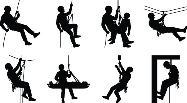 Industrial Rope Access Worker Silhouette Collection with Climbing and Rescue Safety Vector Set