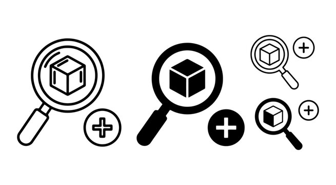 Magnifying Glass And Cube Icons Black And White Vector Illustration