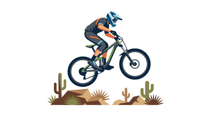 Fototapeta premium Extreme mountain biker jumping mid-air over desert rocky landscape flat design vector illustration.