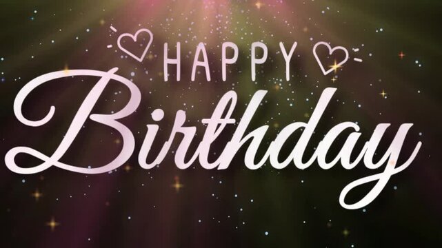 Happy birthday wishes with sparkling lights and hearts on black background
