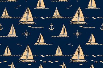 Seamless pattern featuring stylized sailboats, anchors, compass roses, and small fish on a deep navy blue background, for nautical themes © Kamrul