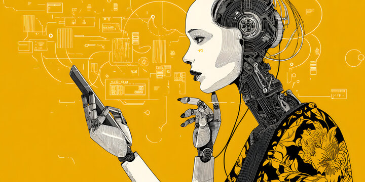 Artificial humanoid figure depicted in a profile view, analyzing a device, set against a vibrant yellow background, displaying intricate mechanical details with delicate facial features