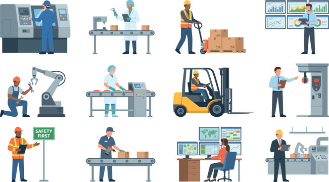 Smart factory workforce flat vector illustrations for industrial manufacturing company brochure corporate presentation training manual website ui.