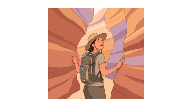 Adventurous woman hiker exploring narrow sandstone slot canyon in the desert flat design vector illustration