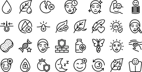 Fototapeta premium Skincare properties icon set line art vector icons for cosmetic product packaging design skin care benefit label uv protection anti aging collagen organic dermatology ui app.