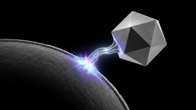 凍結電子顕微鏡風の黒背景でエクソソームが細胞膜に融合しｍＲＮＡデータを注入する現象を描いた医療科学用の抽象的な３ＤＣＧ映像