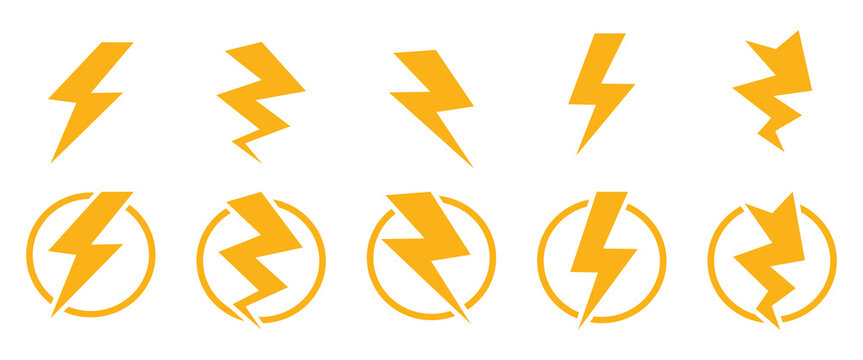 Set Of lightning bolt or thunder icons .Vector Illustration. Lightning Bolt Icon Set in yellow color and different Style. Yellow lightning bolt icons ideal for electric thunder shapes. eps10.
