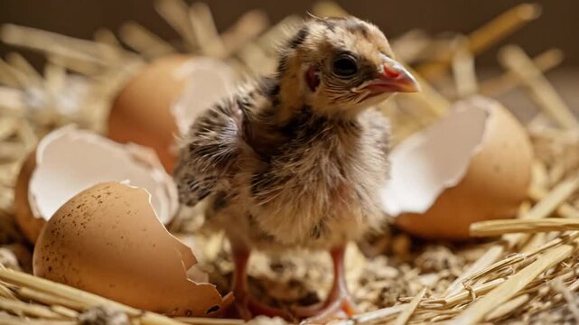 A small chick stands next to cracked eggs in a straw nest indoors.