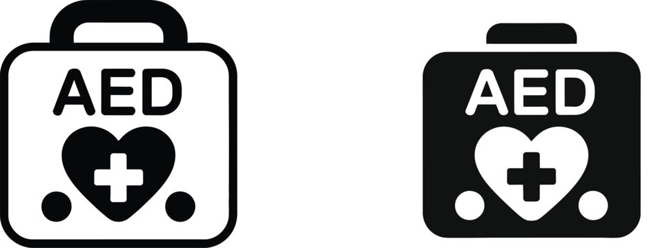 AED, defibrillator icon set featuring emergency response symbols for first aid, heart health, and medical awareness.
