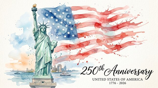 Statue of Liberty with watercolor USA flag for 250th anniversary. United States Independence Day, American celebration, patriotic symbol, national holiday, freedom, semiquincentennial 2026. 