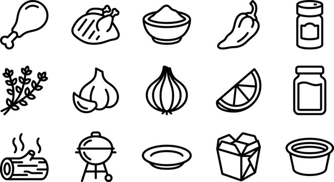 Smoked chicken barbecue ingredients line art vector icons for grill restaurant menu backyard bbq packaging design ui.
