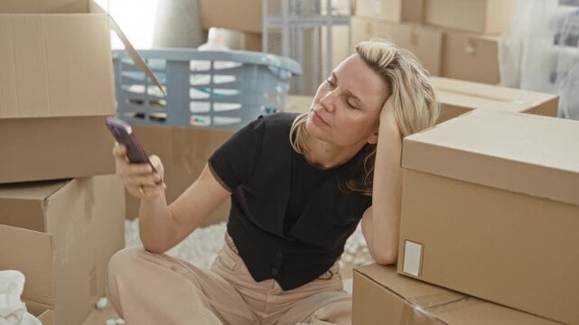 Woman holding smartphone and resting head on hand among stacked moving boxes and laundry basket inside an apartment building, seated on floor; moving fatigue.