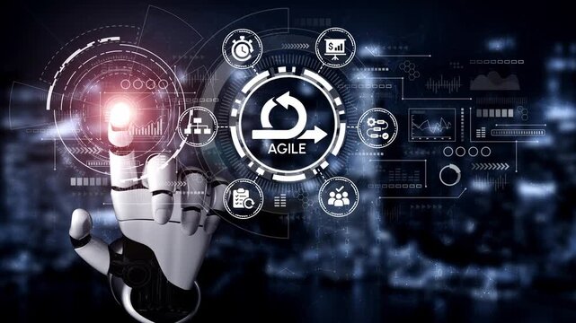Futuristic Robotic Hand Interacting with Digital Agile Symbols and Graphs Depicting Advanced Technology in a Business Environment. Entropy.