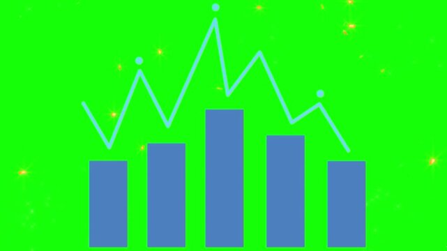 Animated blue bar graphs on green background with sparkling dots and lines
