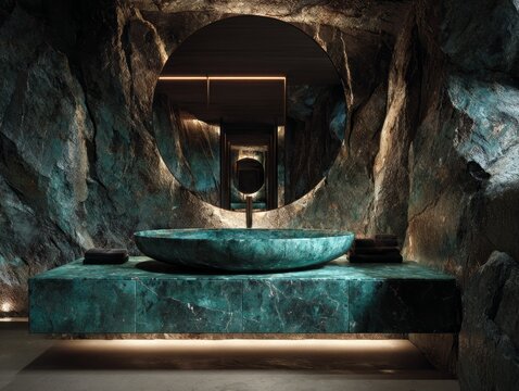 Luxurious bathroom with a stone vessel sink and floating vanity.