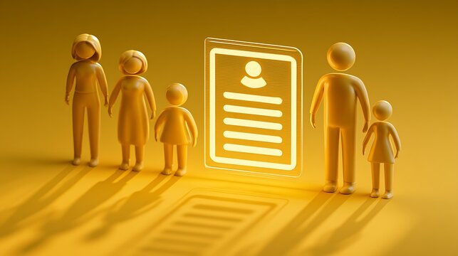 Family standing near a glowing digital profile card icon which signifies personal identity and the importance of individual development within the context of a supportive and unified home unit.