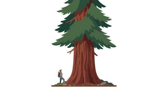 Adventurous hiker standing before a massive ancient redwood tree during a forest trek flat design illustration