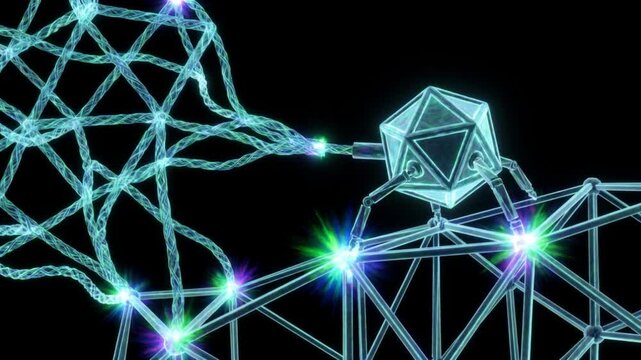 二光子励起顕微鏡風の黒背景で線維芽細胞がコラーゲンを放出しマトリクスを再構築する抽象的な医療CG映像
