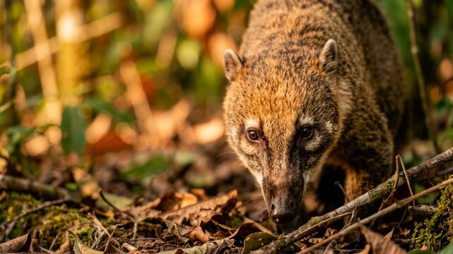 coati searching for food in rainforest costa rica golden light close up video