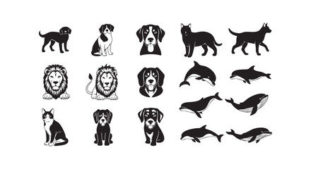 Naklejka premium Animal icon set featuring various breeds of dogs domestic cats lions and marine mammals like dolphins and whale silhouettes.