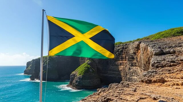 Jamaican flag waving on cliffside by ocean.