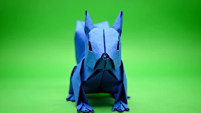 A blue origami squirrel sits on a bright green background