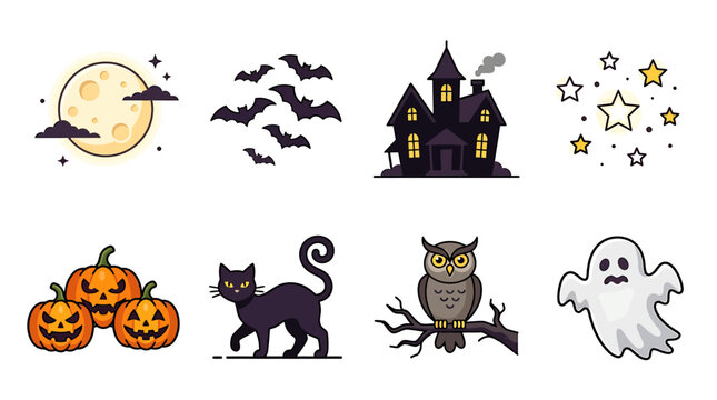 Spooky Halloween scene with ghosts, bats, and pumpkins at night