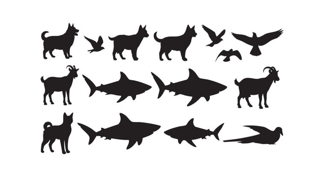 Animal silhouette collection featuring domestic dogs goats birds and sharks for creative nature theme graphic design art.