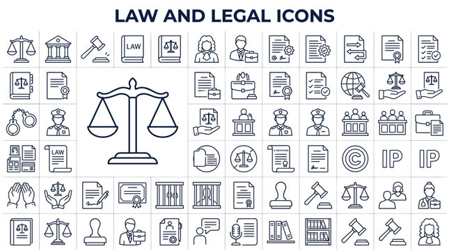 Set of law and legal icons, including judge, gavel, scales of justice, police, and court documents
