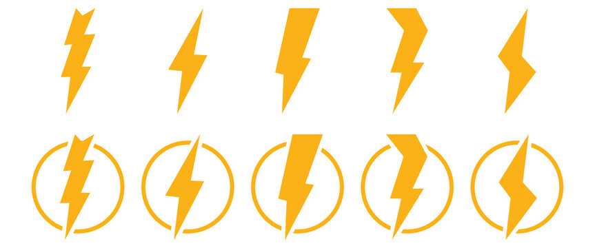 Thunder Bolt Vector Icon, Lightning strick symbol, Graphic elements, Vector stock. Illustration of thunder and lightning, icon set isolated on white background. Electric lightning art design. eps10.

