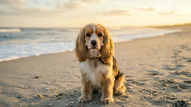 cockalier dog on cannon beach oregon golden light close up video