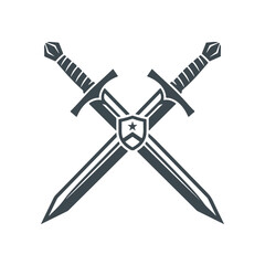 Fototapeta premium Crossed medieval swords emblem with central shield icon.
