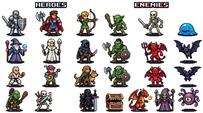 Fantasy game characters, heroes, enemies, icons set, 25 elements, pixel art style