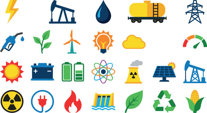 Renewable and Fossil Fuel Energy Icon Set Featuring Solar Panels Wind Turbines Nuclear Power Oil Derricks Batteries and Eco Green Symbols for Sustainability Graphic Designs