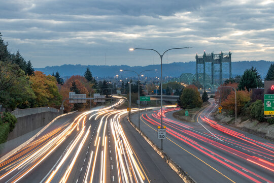 Aerial long-exposure view of traffic on Interstate 5 just north of the I-5 Bridge in the evening - Vancouver, Washington, USA