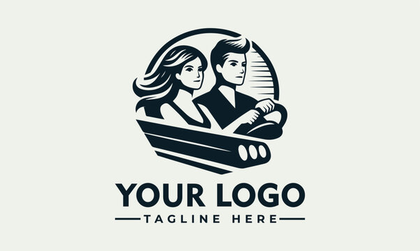 Minimalist vector logo design featuring a young couple driving a car together.