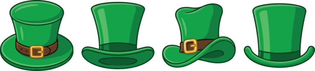 St Patricks Day Green Leprechaun Hat Icon Set with Irish Traditional Top Hats and Buckles for Holiday Greetings Greeting Cards and Festive Digital Media Vectors © mdtaleb
