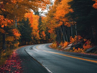 Naklejka premium Autumn road through colorful forest landscape.